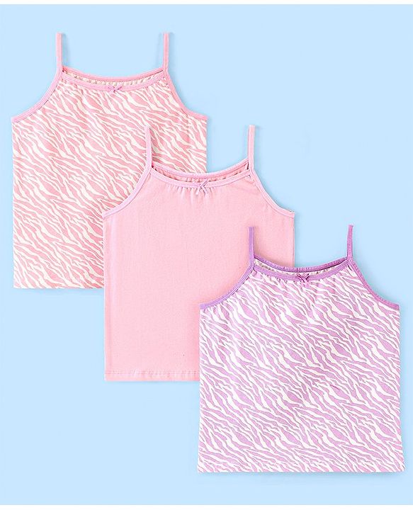 Pine Kids Cotton Stretchable Printed Singlet Slip with Antimicrobial and Bio Wash  Pack of 3 - Light Pink & Purple