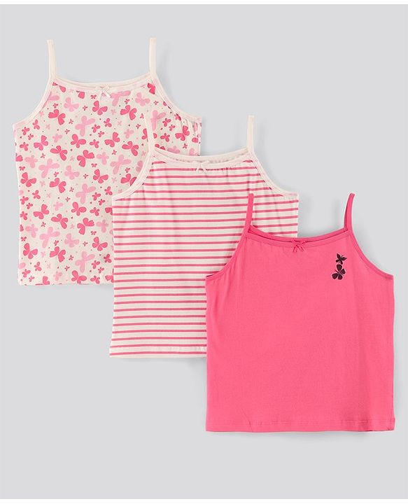 Pine kids Sleeveless Anti Microbial Bio Washed Slips Stripes & Butterfly Print Pack of 3- Multicolor