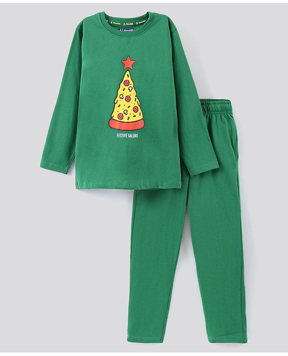 Pine Kids Full Sleeves 100% Cotton Christmas Print Night Suit - Green