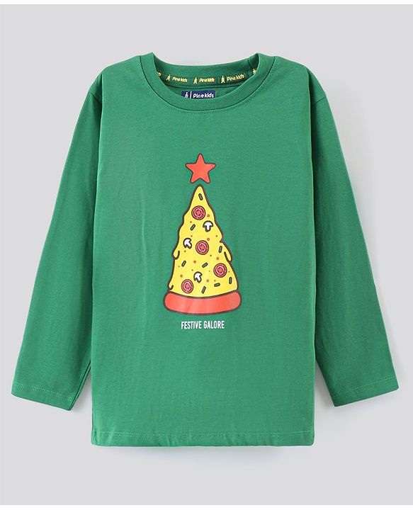 Pine Kids Full Sleeves 100% Cotton Christmas Print Night Suit - Green