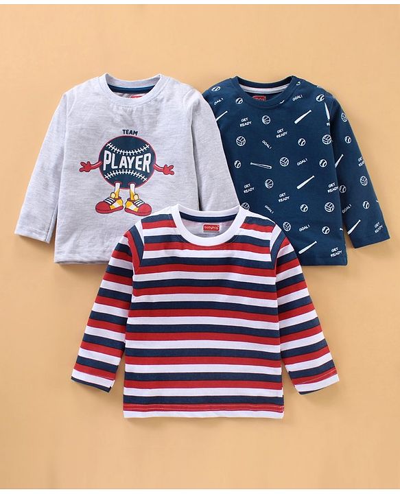 Babyhug Cotton Knit Full Sleeves T-Shirts Multi Print & Stripes Pack of 3 - Multicolour