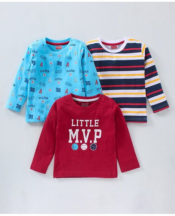 Babyhug Cotton Knit Full Sleeves T-Shirts Stripes & Text Print Pack of 3 - Multicolour