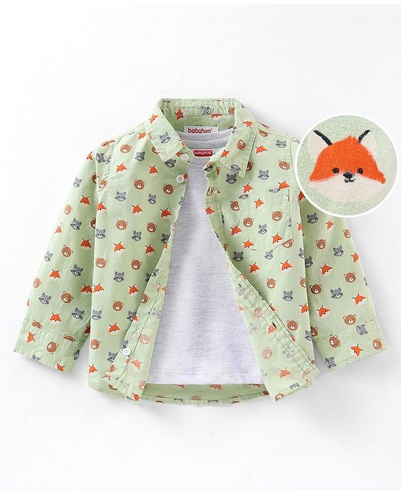 Babyhug Cotton Woven Full Sleeves Shirt With Inner Tee Bear Face - Green