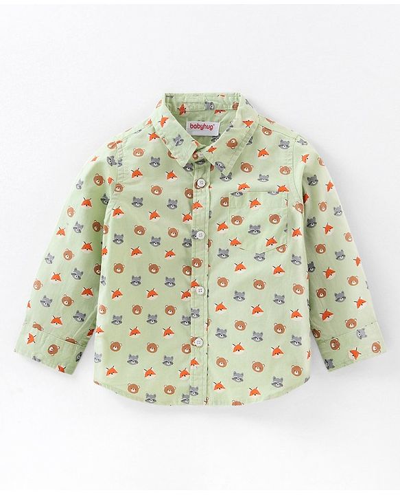 Babyhug Cotton Woven Full Sleeves Shirt With Inner Tee Bear Face - Green