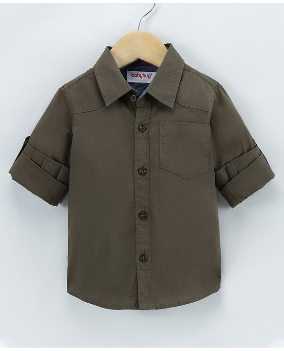 Babyhug Cotton Full Sleeves Solid Shirt With A T-shirt Text Print- Olive
