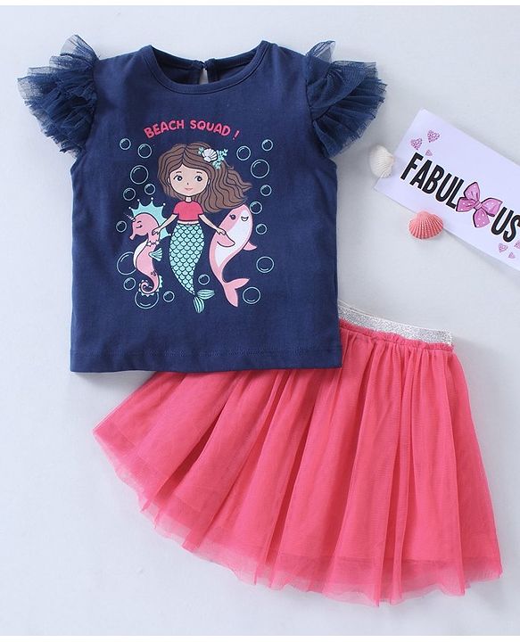 Babyhug Half Sleeves Top & Skirt Mermaid Print - Navy Pink