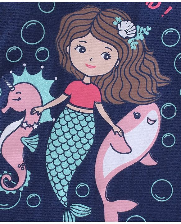 Babyhug Half Sleeves Top & Skirt Mermaid Print - Navy Pink