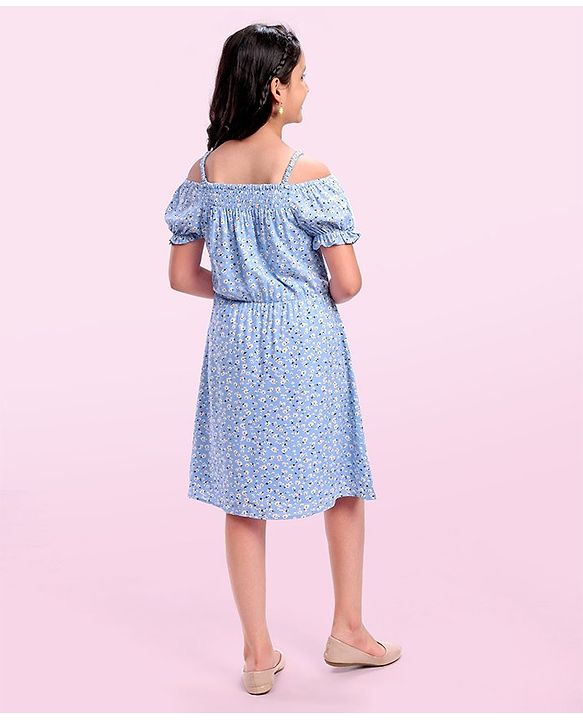 Pine Kids Rayon Woven Cold Shoulder Floral Printed Flared Dress - Sky Blue