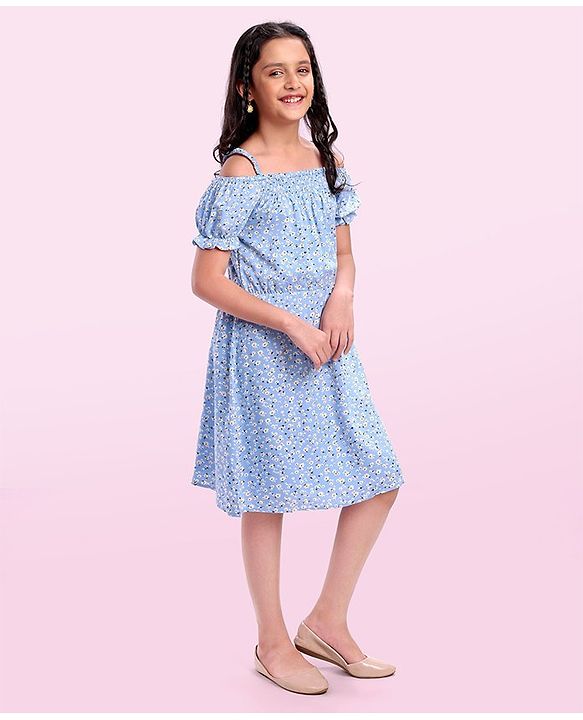 Pine Kids Rayon Woven Cold Shoulder Floral Printed Flared Dress - Sky Blue