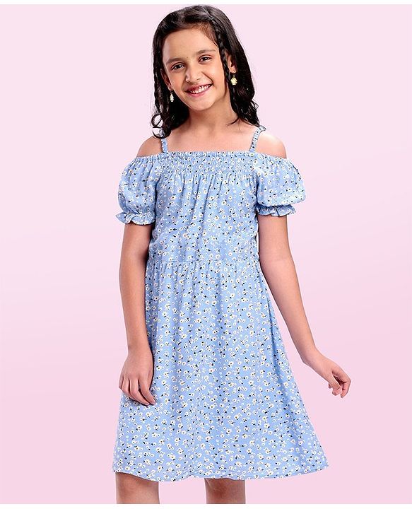 Pine Kids Rayon Woven Cold Shoulder Floral Printed Flared Dress - Sky Blue