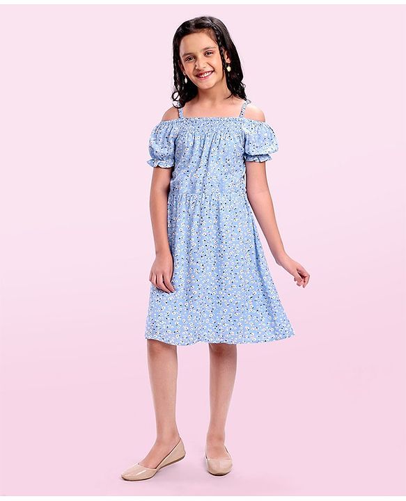 Pine Kids Rayon Woven Cold Shoulder Floral Printed Flared Dress - Sky Blue