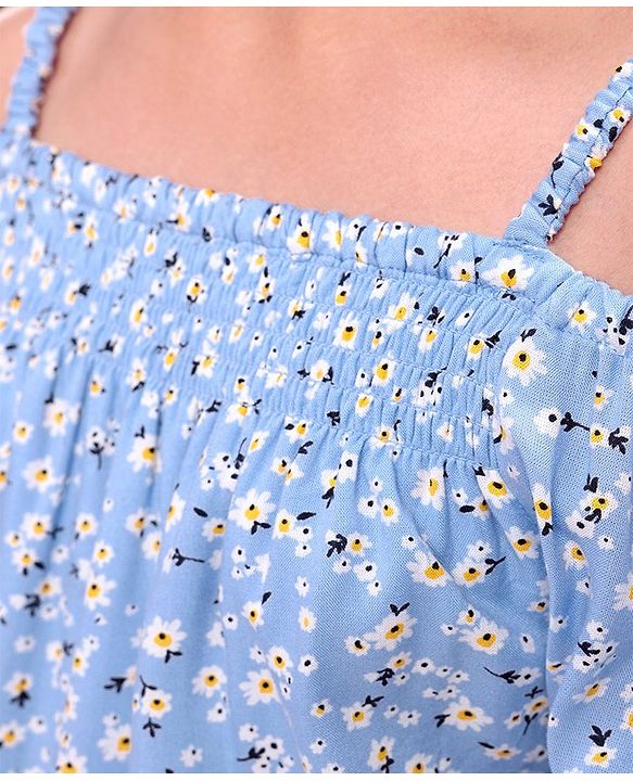 Pine Kids Rayon Woven Cold Shoulder Floral Printed Flared Dress - Sky Blue