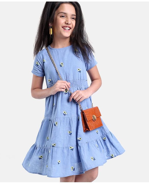 Pine Kids Half Sleeves Floral Embroidered Frock - Light Blue