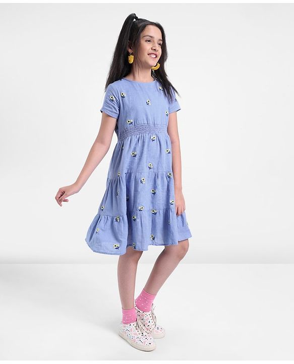 Pine Kids Half Sleeves Floral Embroidered Frock - Light Blue