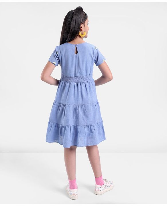 Pine Kids Half Sleeves Floral Embroidered Frock - Light Blue