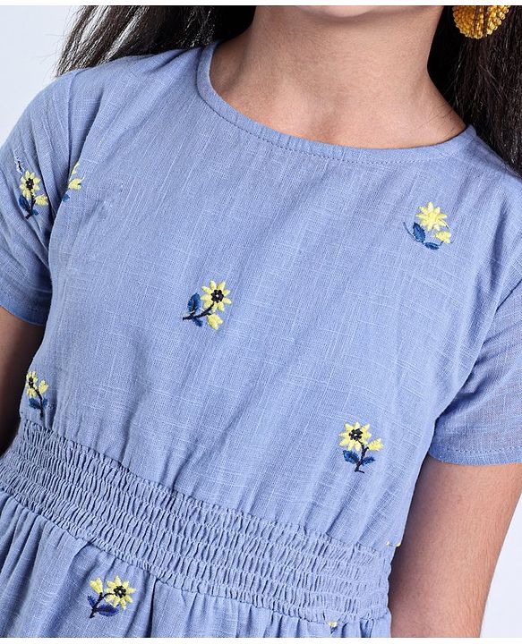 Pine Kids Half Sleeves Floral Embroidered Frock - Light Blue