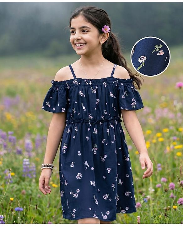 Pine Kids Half Sleeves All Over Printed Frock - Navy Blue