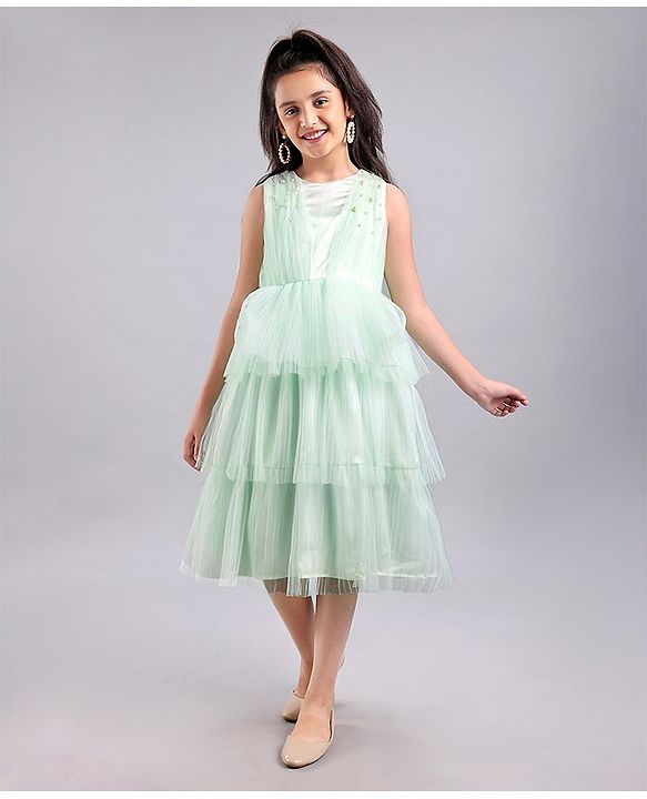 Pine Kids Sleeveless Layered Party Wear Dress with Embellishment- Glass Blue