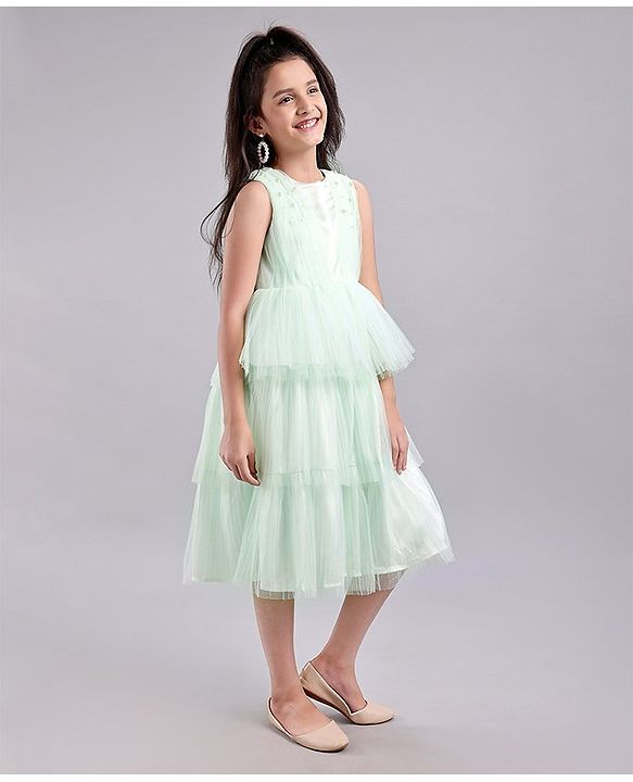 Pine Kids Sleeveless Layered Party Wear Dress with Embellishment- Glass Blue