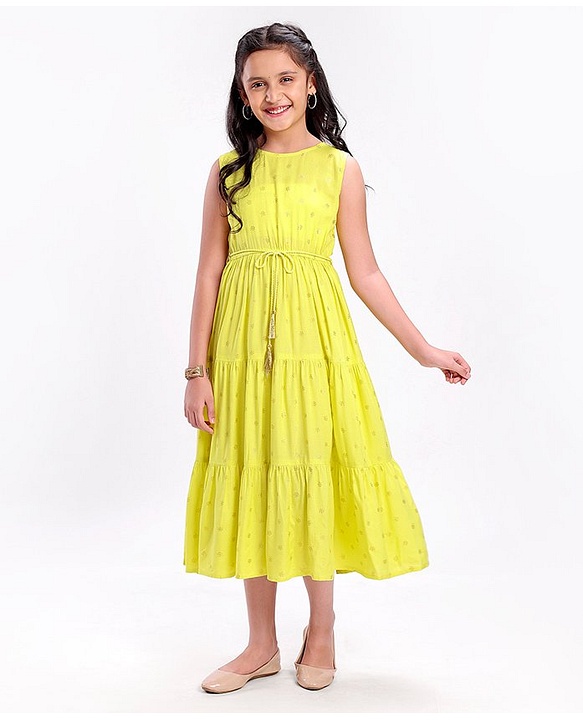 Pine Kids Sleeveless A Line Ethnic Dress Floral Print - Lime Punch