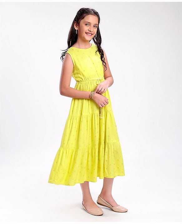 Pine Kids Sleeveless A Line Ethnic Dress Floral Print - Lime Punch