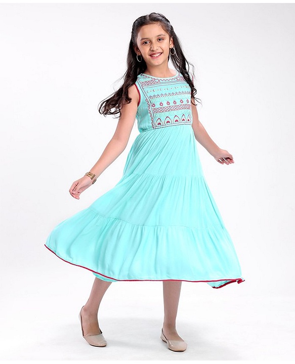 Pine Kids Sleeveless A Line Ethnic Dress Floral Embroidery - Turquoise