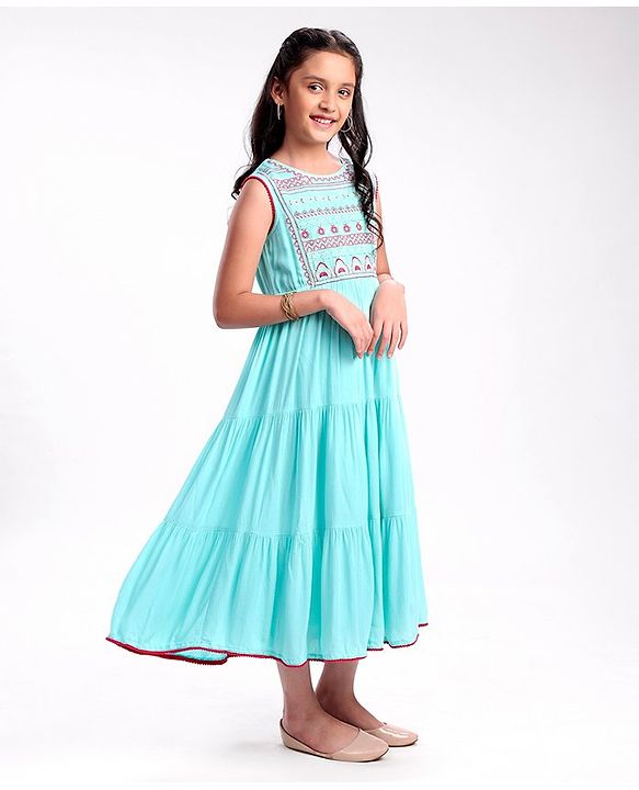Pine Kids Sleeveless A Line Ethnic Dress Floral Embroidery - Turquoise