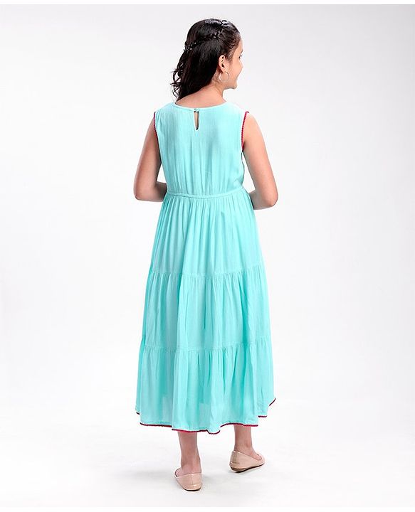 Pine Kids Sleeveless A Line Ethnic Dress Floral Embroidery - Turquoise
