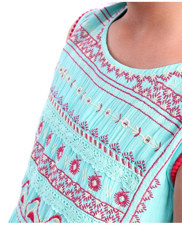 Pine Kids Sleeveless A Line Ethnic Dress Floral Embroidery - Turquoise