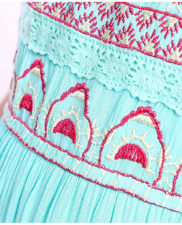 Pine Kids Sleeveless A Line Ethnic Dress Floral Embroidery - Turquoise