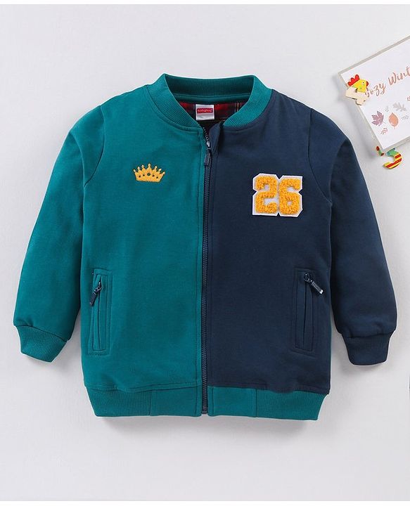 Babyhug Full Sleeves Cotton Knit Front Open Sweat Jacket with Crown & Numeric Embroidery - Navy Green
