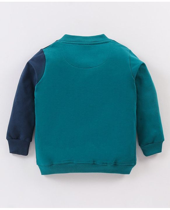 Babyhug Full Sleeves Cotton Knit Front Open Sweat Jacket with Crown & Numeric Embroidery - Navy Green