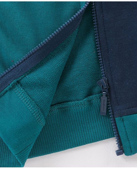 Babyhug Full Sleeves Cotton Knit Front Open Sweat Jacket with Crown & Numeric Embroidery - Navy Green