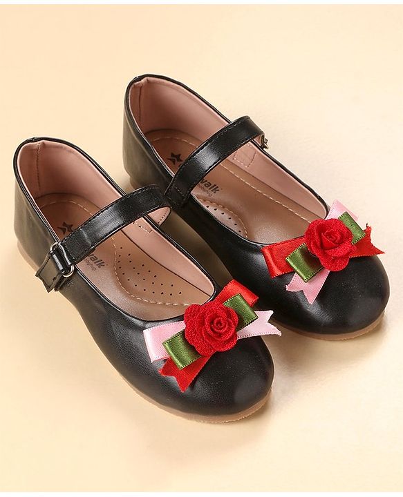 Cute Walk by Babyhug Party Wear Belly Shoes Floral Applique - Black Red