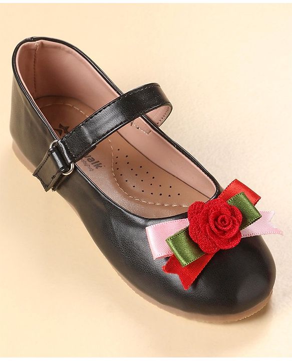Cute Walk by Babyhug Party Wear Belly Shoes Floral Applique - Black Red