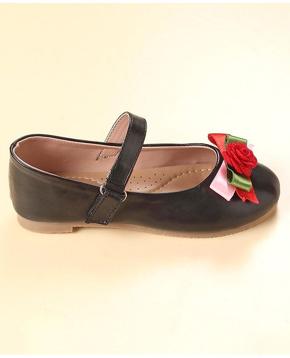 Cute Walk by Babyhug Party Wear Belly Shoes Floral Applique - Black Red