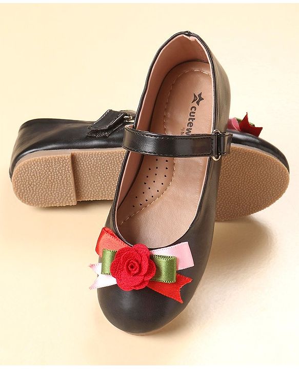 Cute Walk by Babyhug Party Wear Belly Shoes Floral Applique - Black Red