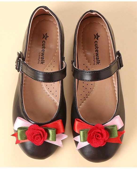 Cute Walk by Babyhug Party Wear Belly Shoes Floral Applique - Black Red