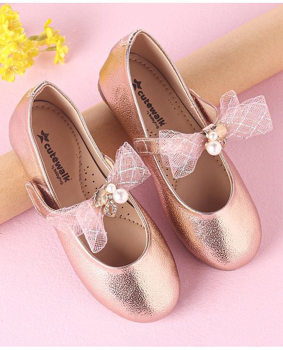 Cute Walk by Babyhug Velcro Closure Bellies With Bow Applique Lace & Pearl Detailing- Gold