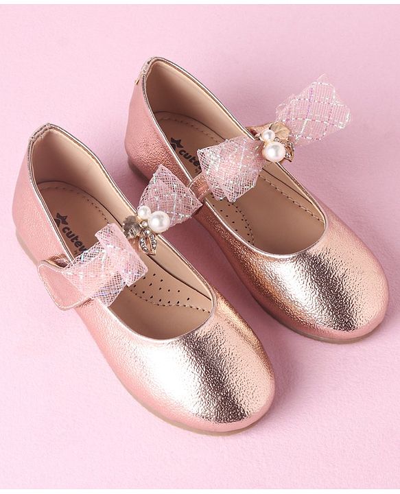 Cute Walk by Babyhug Velcro Closure Bellies With Bow Applique Lace & Pearl Detailing- Gold
