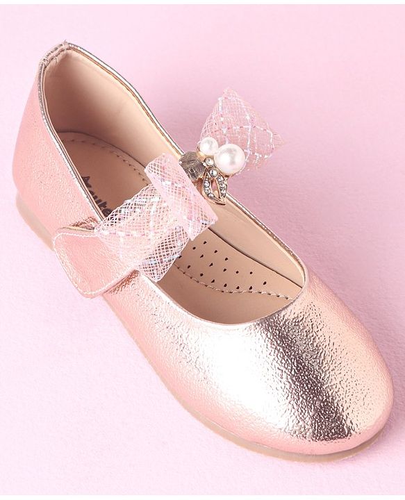 Cute Walk by Babyhug Velcro Closure Bellies With Bow Applique Lace & Pearl Detailing- Gold