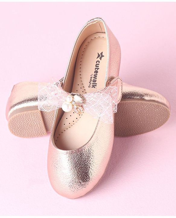Cute Walk by Babyhug Velcro Closure Bellies With Bow Applique Lace & Pearl Detailing- Gold