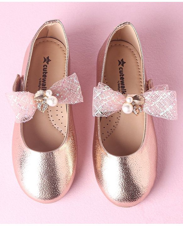 Cute Walk by Babyhug Velcro Closure Bellies With Bow Applique Lace & Pearl Detailing- Gold