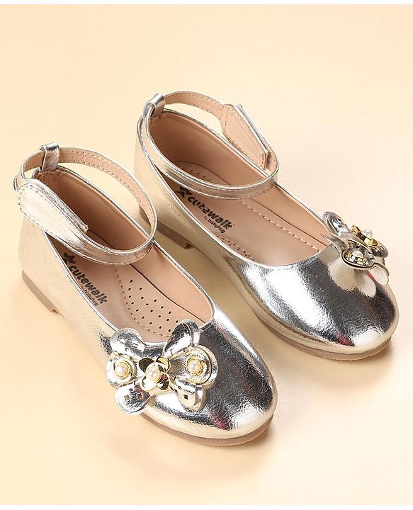 Cute Walk by Babyhug Velcro Closure Party Wear Bellies Bow Applique - Silver