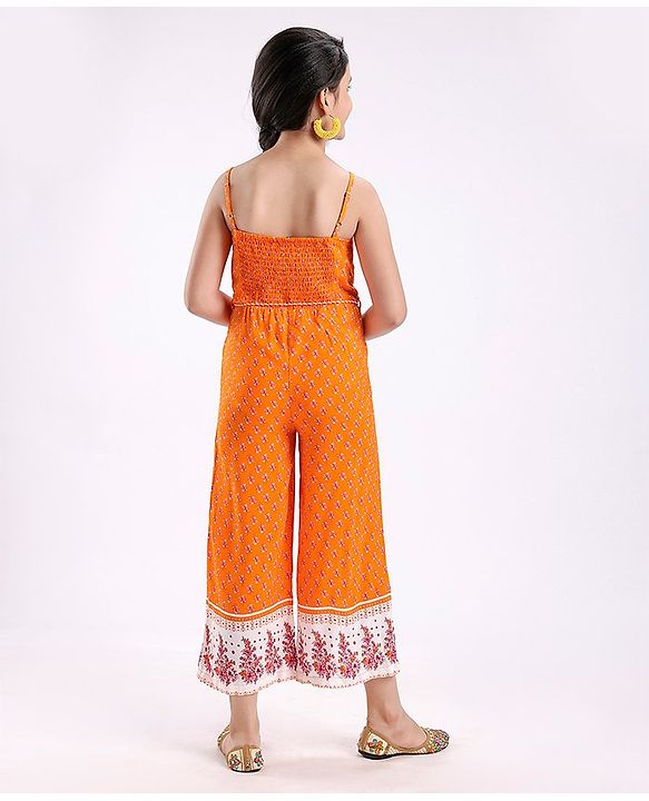 Pine Kids Singlet Sleeves Woven Lace Jumpsuit with Waist Tassel and Floral Print - Orange