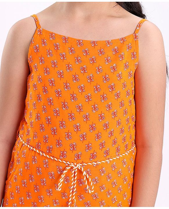 Pine Kids Singlet Sleeves Woven Lace Jumpsuit with Waist Tassel and Floral Print - Orange