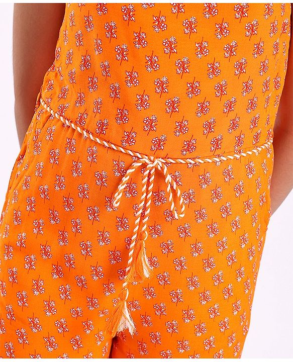 Pine Kids Singlet Sleeves Woven Lace Jumpsuit with Waist Tassel and Floral Print - Orange