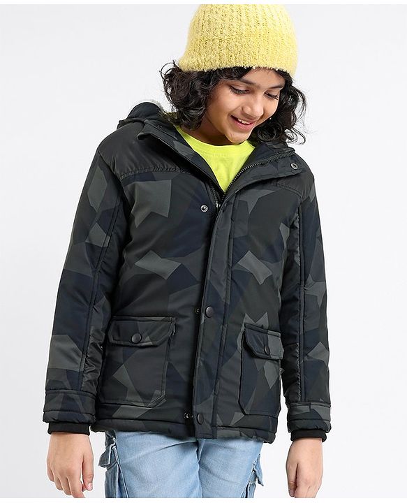 Pine Kids Full Sleeves Camouflage Printed Winter Wear Padded Jacket With Hoodie - Multicolour