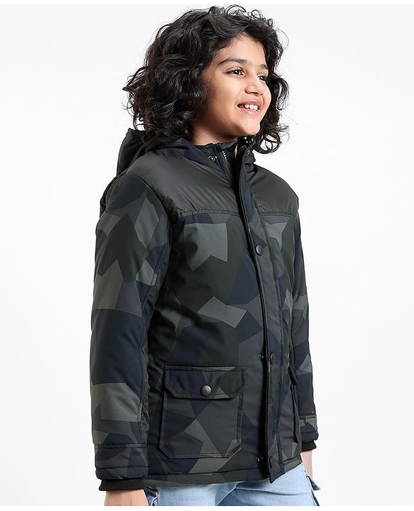 Pine Kids Full Sleeves Camouflage Printed Winter Wear Padded Jacket With Hoodie - Multicolour