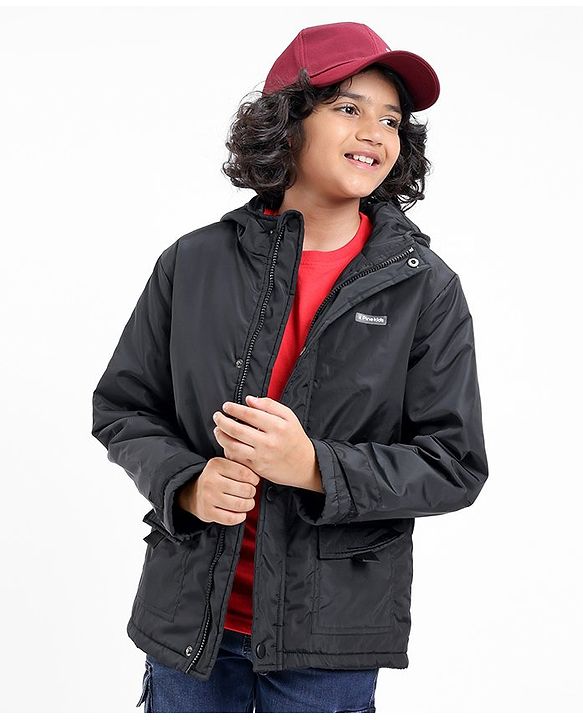 Pine Kids Quilted Full Sleeves Light Winter Hooded Jacket - Black